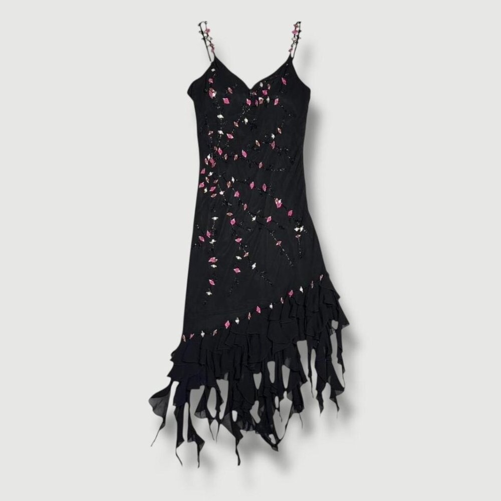 Y2K gothic fairycore beaded silk ribbon flower asymmetrical ruffle fringe dress - Picture 10 of 11